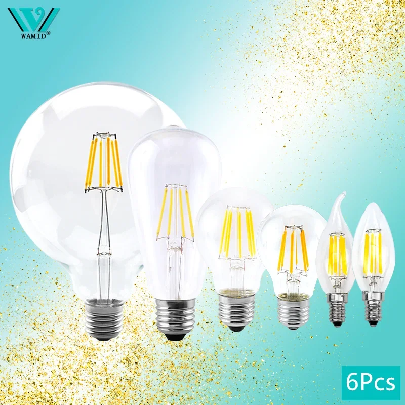 

6Pcs Retro Edison E27 E14 LED Filament Lamp AC 220V Light Bulb C35 G45 A60 ST64 G80 G95 Lampada Glass Bulb Vintage Candle Light