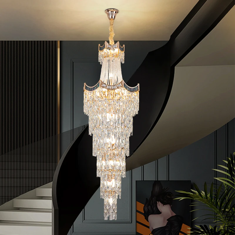 Industrial Staircase Crystal Chandelier, Black-Gold Accent Fixture, Loft Style Stairwell Lighting, Retro Home Indoor Lighting