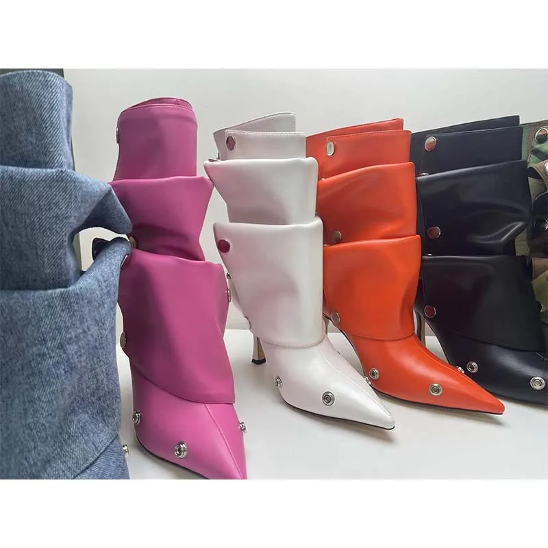 2024 Internet Celebrity Auto Show Model Boots Metal Button Spliced Denim Boots High Heel Knee Ankle Boots Women\'s Shoes 34-43