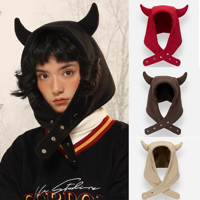 Fashionable Japan Yabi Cute Devil Ears Cow Horn Hat Women Autumn Winter Warm Suede Ear Protection Set Head Cap Y2K Beanies Caps