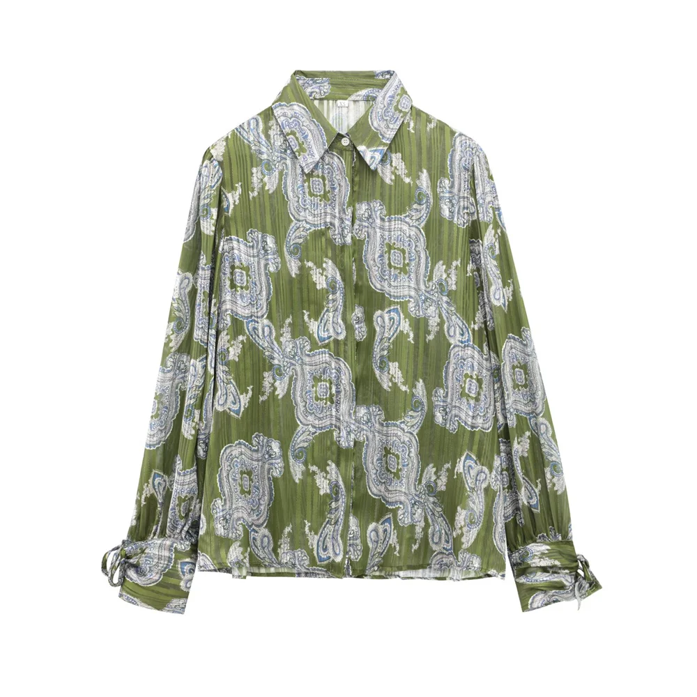 

Taop&Za Women's Fashion Metallic Line Printed Bow Decoration Shirt Spring New Style Long Sleeve Collar Casual Shirt