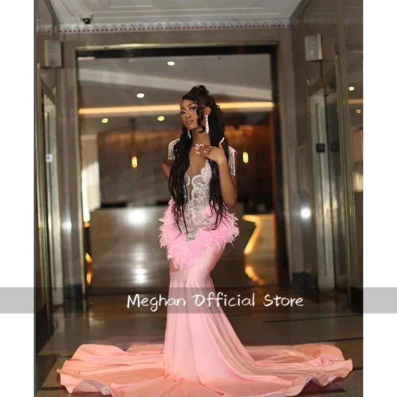 BaBy Pink Elegant Feather Mermaid Prom Dress Luxury Crystal Beaded Black Girl Birthday Party Celebrity Dress Customized