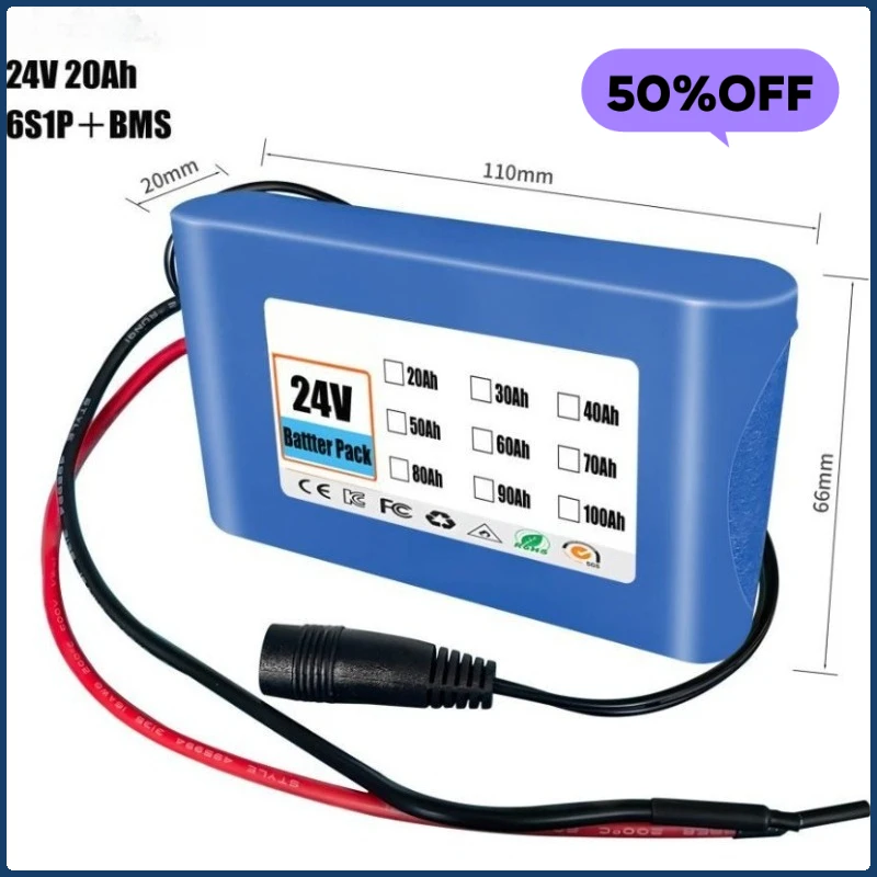 

18650 Lithium Battery, 24V 6S1P 20000mAh Rechargeable Battery Pack with BMS + Charging