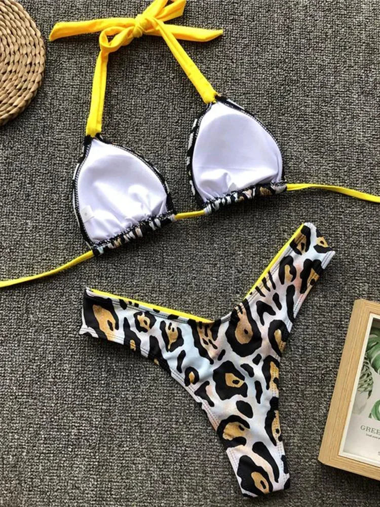 Bikini brasileño de dos piezas para mujer, traje de baño de dos piezas con estampado de cebra y cuello Halter, tanga, corte alto