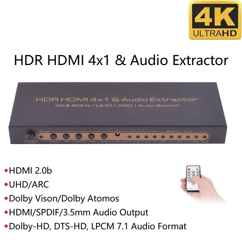 

HDMI Switch 4x1 4Kx2K 60Hz SPDIF Toslink Digital 5.1 HDMI 7.1 Audio Output HDR UHD ARC 4 In 1Out HDMI Audio Extractor Converter