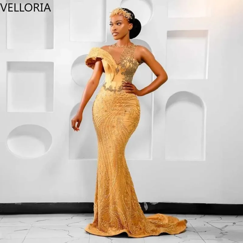 

Gold Beaded Mermaid Prom Dress Women Sexy One-Shoulder Ruffled Peplum Gown Elegant Floor-Length Evening Dress with Train Custom