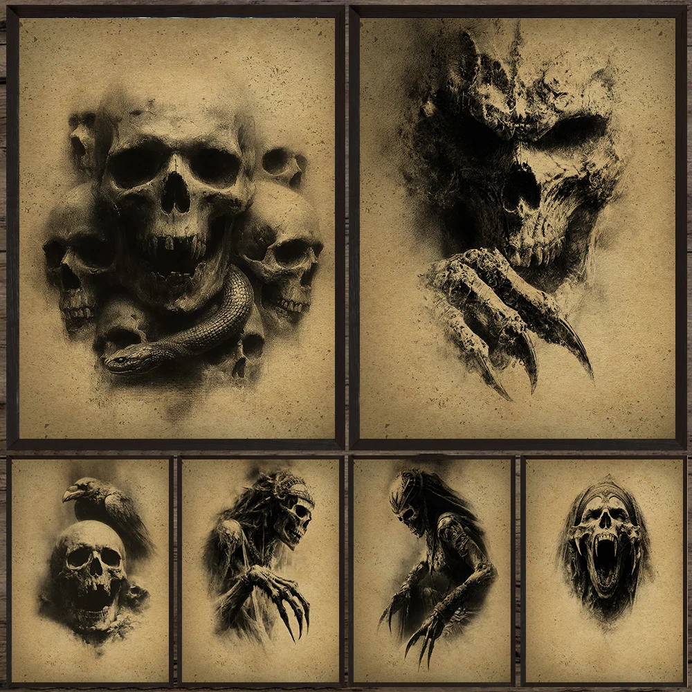 

Snake, Crow And Skull Creepy Horror Pencil Drawing Art Poster Print,Monster Skeleton Vintage Wall Art Canvas Painting Home Decor