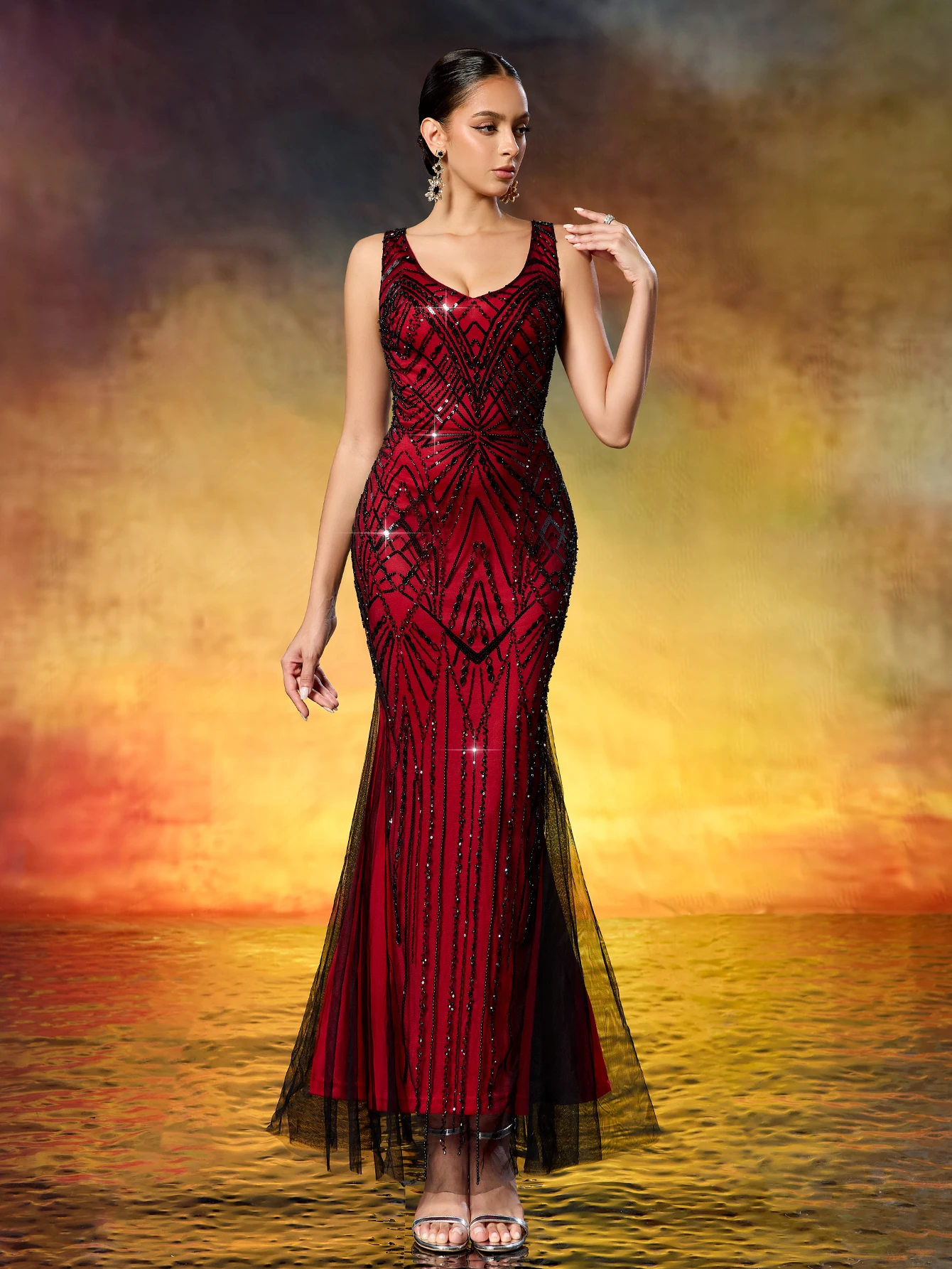 Glamuroso Vestido de Noche Estilo Sirena con Cuentas Art Deco, Vestido de Gala Estilo Gatsby de los Años 20, Color Carmesí-Negro para Ocasiones Especiales de Mujer