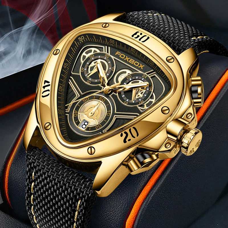 2023 LIGE Original Golden Watch For Men Luxury Brand Military Leather Big Gold Chronograph Male Wristwatches Relogio Masculino