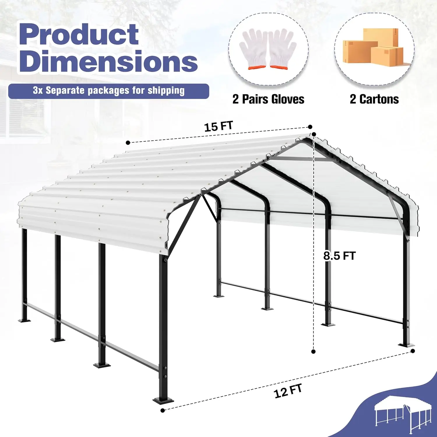 12x15 FT Metal Carport Kit with Galvanized Steel Roof, Heavy Duty Outdoor Shelter for Car SUV Truck Boat, White, Customized