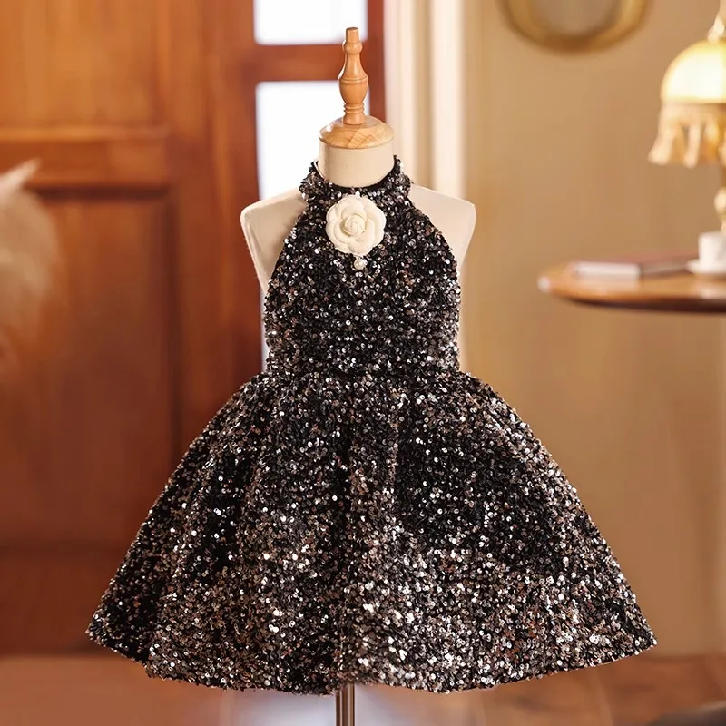 

Маленькое платье для девочек, черное стильное платье с пайетками на день рождения, первый день рождения, платье принцессы для выступлений на фортепиано, летнее платье