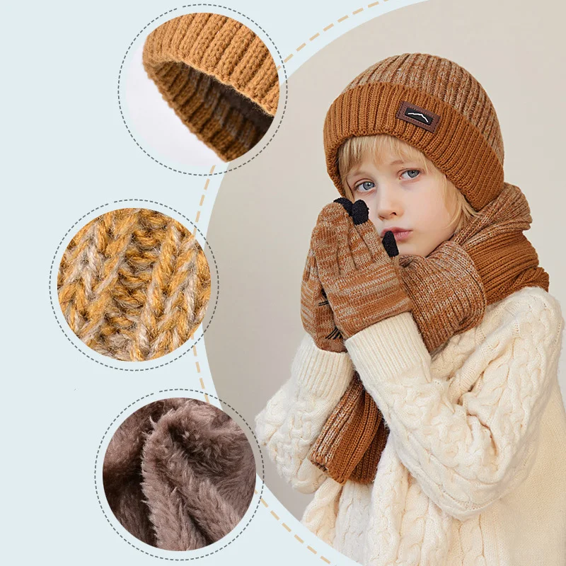 Winter Hat Scarf Gloves Sets for Children Thicken Knitted Hats Girls Plus Velvet Kids Scarves Beanie Boys Warm Accessories 4-10Y