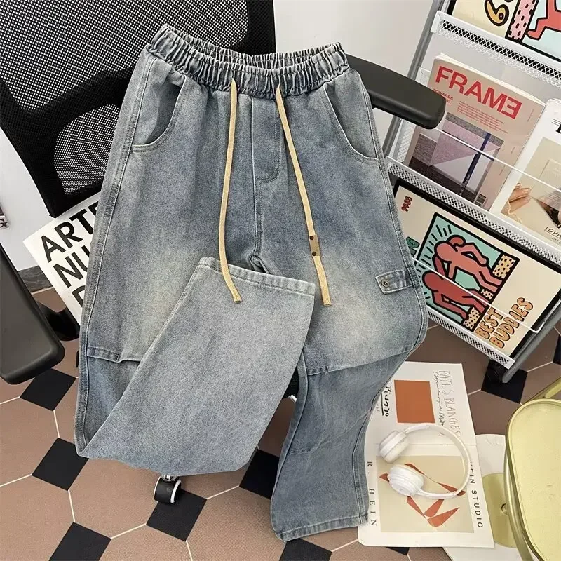 아메리칸 스타일 플리츠 청바지 남성 봄 얇은 하이 스트리트 루즈 스트레이트 바지 젊은 활력 통기성 캐주얼 카고 바지