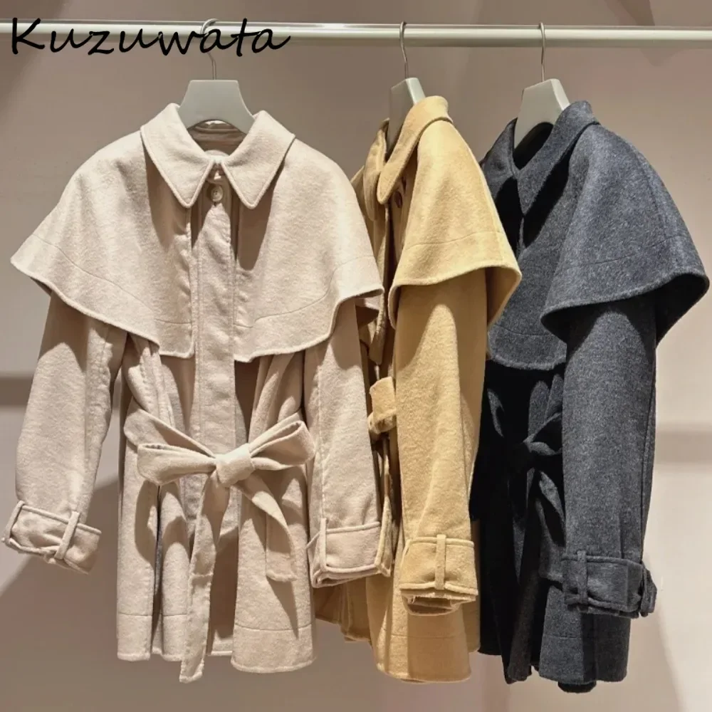 Kuzuwata Sweet Solid Turn-down Collar Mid-length Blends Slim Waist Loose Woolen Cloak Lace Up Coat Japan Small Fellow Outwears