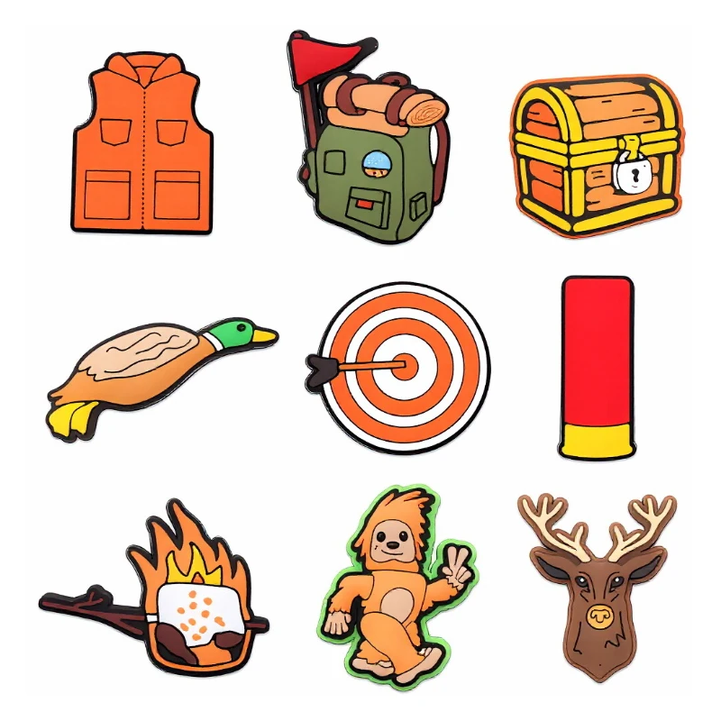 9pcs Outdoor Hunting Camping Shoe Charms for Clogs, Silicone Wildlife & Campfire Accessories, Duck Deer Treasure Chest for Men