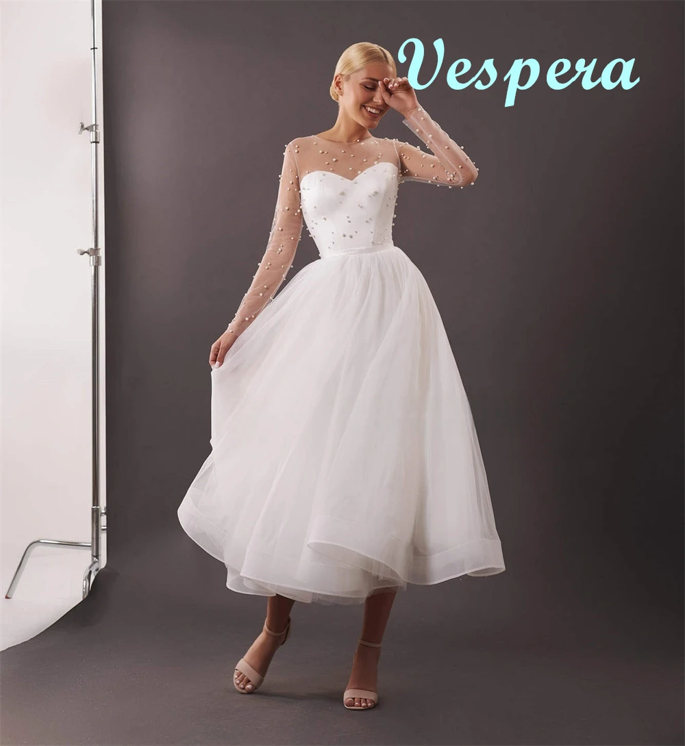 

Customized Formal White Tulle Evening Dresses High Quality O-Neck Long Sleeves Homecoming Dresses Luxury Vestido De Festa