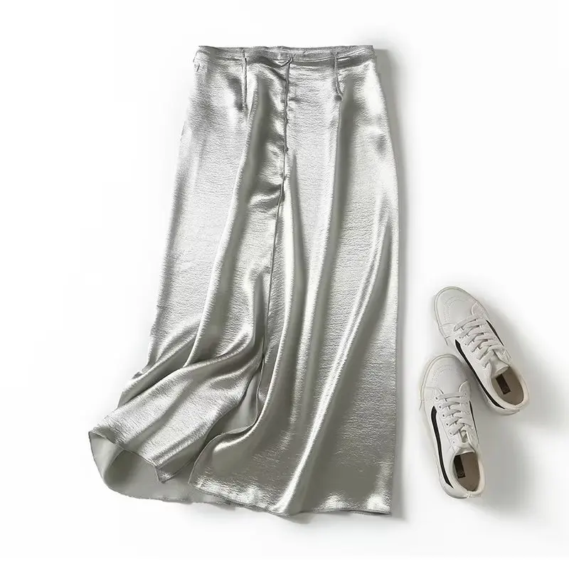 

Jenny&Dave 2023 Office Ladies High Waist Straight Midi Skirt Women New British Fashion Elegant Silver Satin Skirt