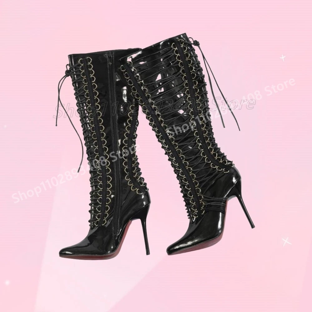 

Metal Round Rings Decor Strappy Short Boots Patent Leather Stiletto High Heel Elegant Fashion Women Shoes 2025 Sexy Para Mujere
