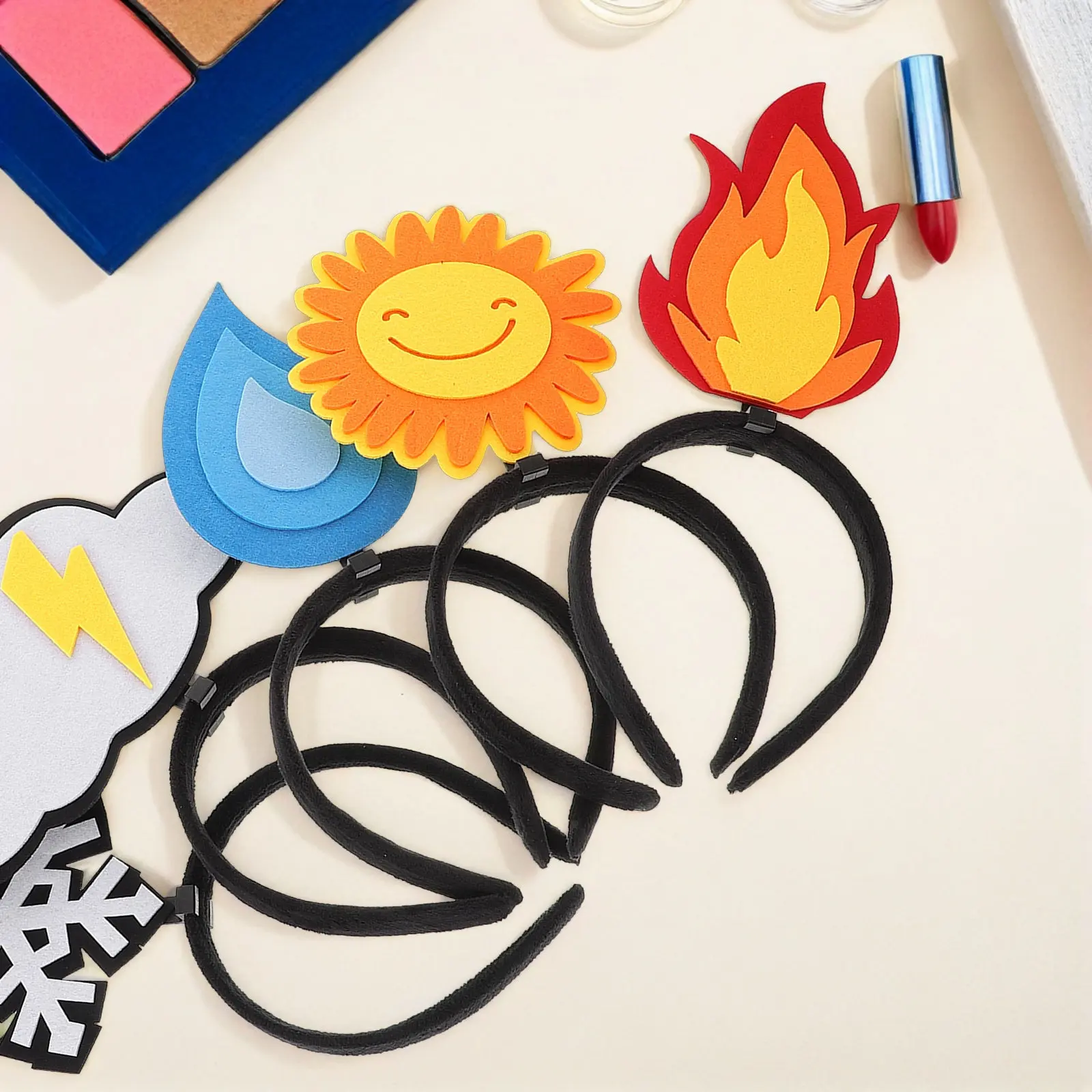 5Pcs Creative Party Headbands Novelty Felt Flame Water Drop Sun Cloud Snowflake Hair Accessories for Kids Adults Fun Birthday