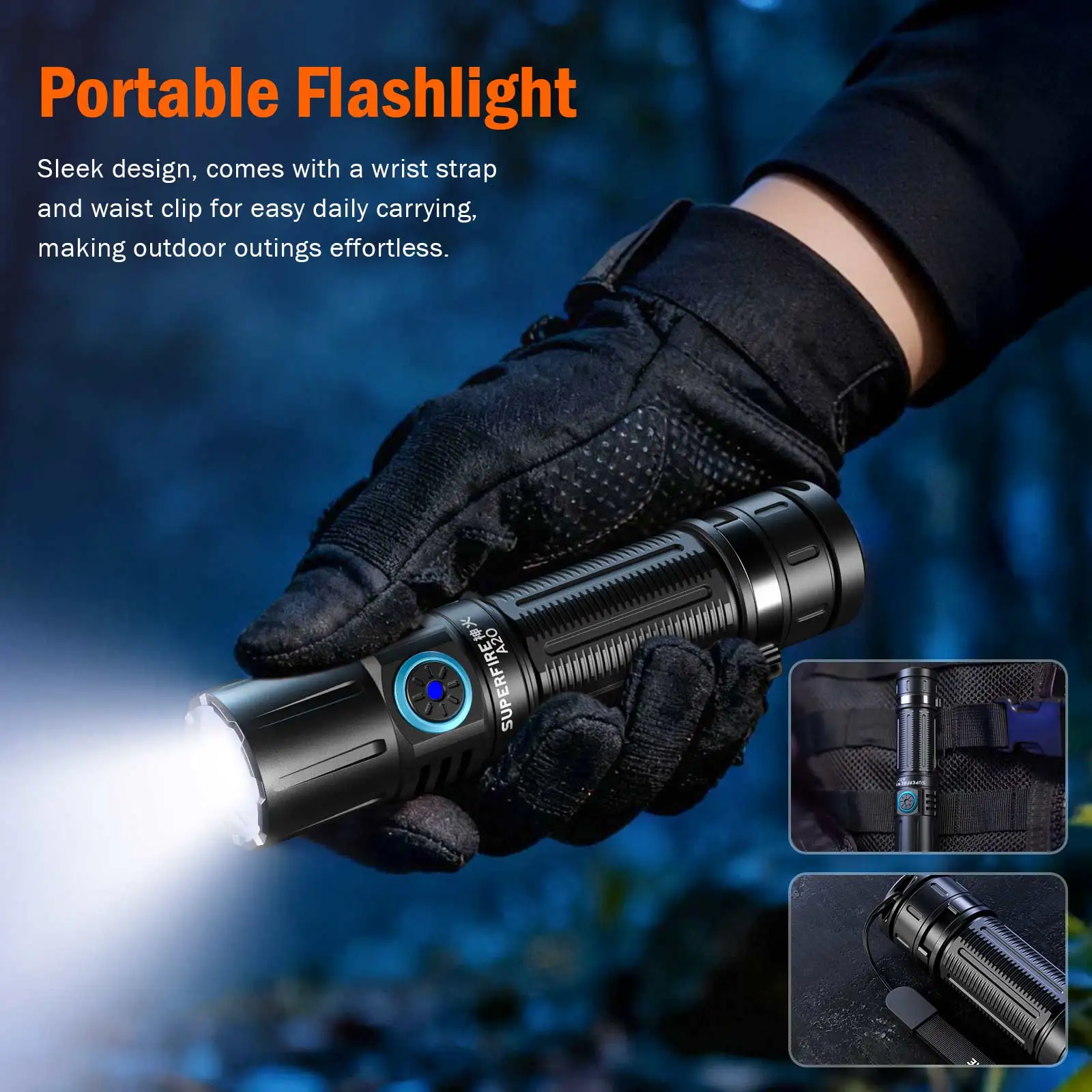 Latest SUPERFIRE A20 Powerful EDC Flashlight Waterproof  Torch 1700m Spotlight USB Rechargeable 5 Modes Outdoor Lantern