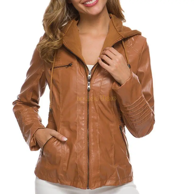 31BF Womens Faux Leather Short for Jacket with Detachable Drawstring Hood Stand Collar Casual Motorcycle Zip Up Long