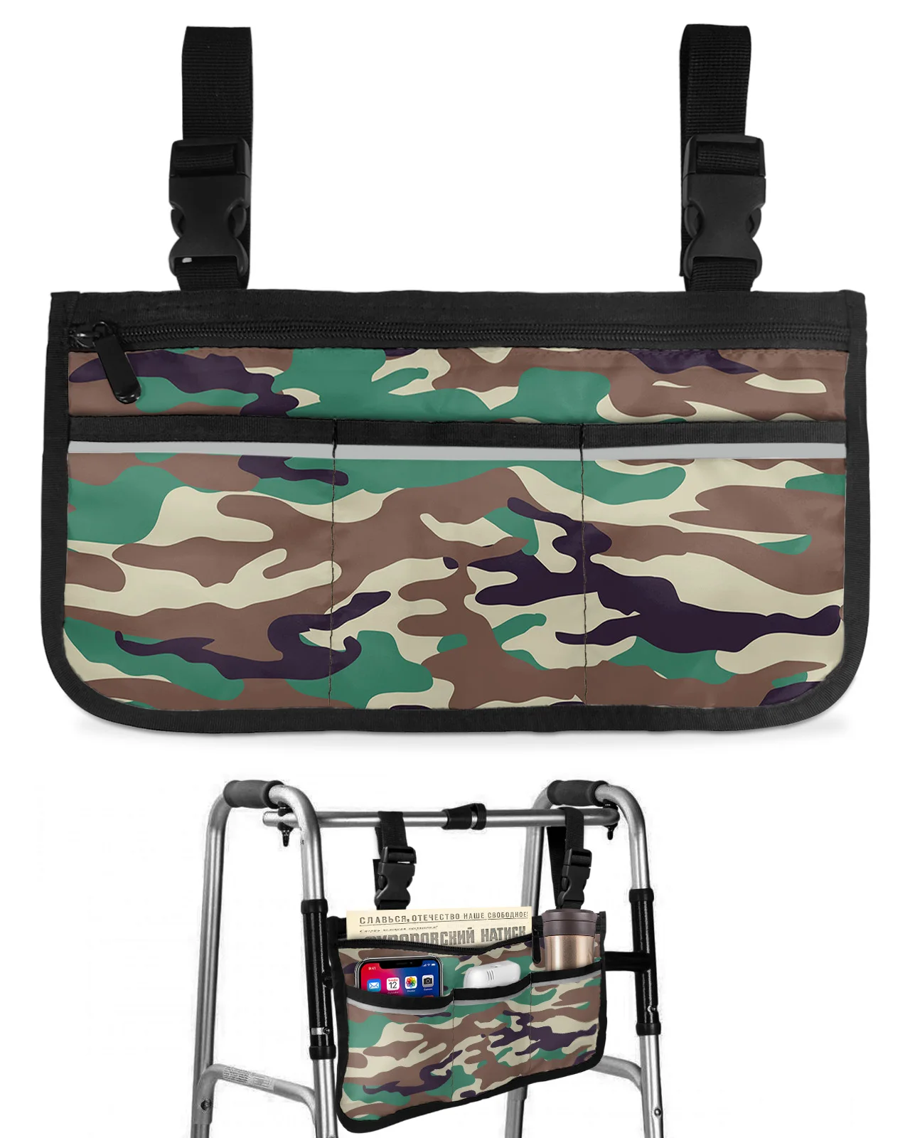 Camouflage Wheelchair Bag With Pockets Reflective Strips Armrest Side Bags Electric Scooter Walking Frame Storage Pouch