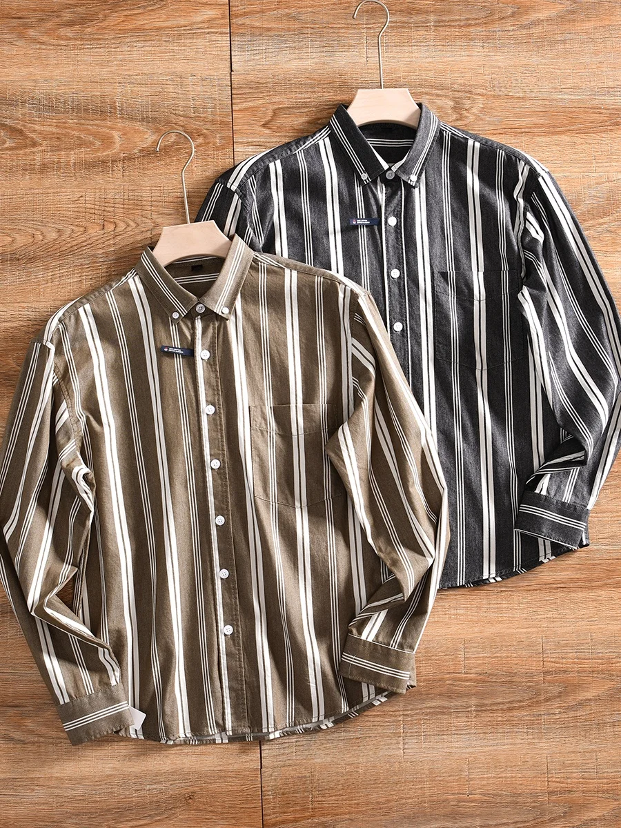 

Men's Casual Cotton Shirt Breathable Loose Fit Spring Autumn Seasonal Washed Cotton Stripe Pattern Comfortable Long Sleeve Top