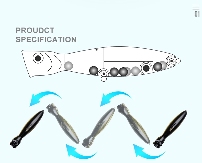 Kingdom Floating Popper Angelköder 80 mm 9,5 g 100 mm 16 g 130 mm 36 g TopWater Kunstköder Harter Wobbler zum Angeln auf Barschforellen – Detail 3