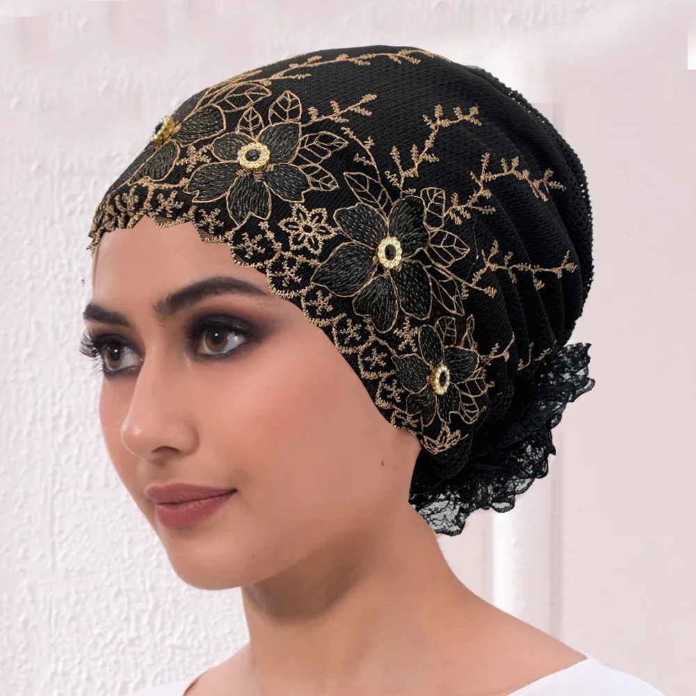 Breathable Embroidery Lace Turban Cap Muslim Women Summer Head Cover Headscarf Hat Islamic Headwear Bonnet Female Head Wraps