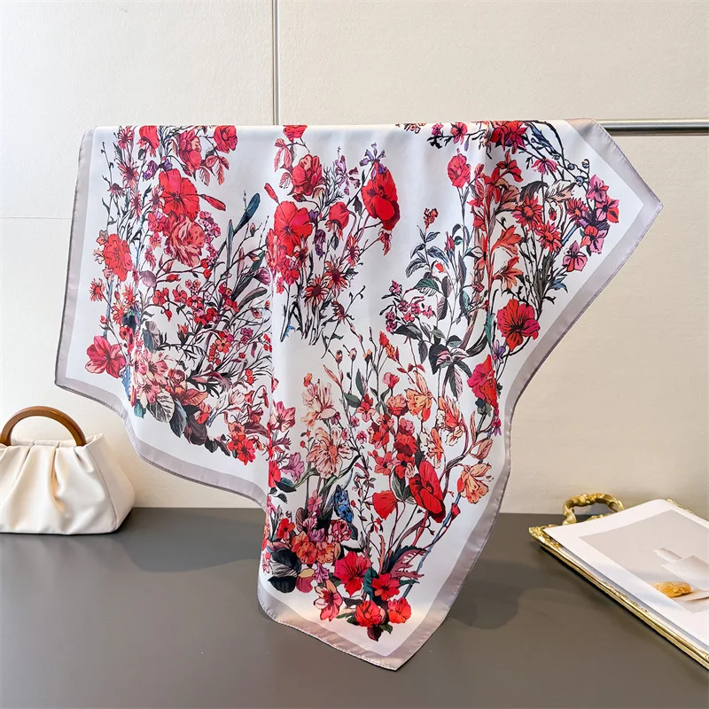 

Luxury Floral Print Designer 70Cm Square Silk Women's Scarf Spring Summer Satin Scarves Shawl Headband Bandana Hijab Wrap