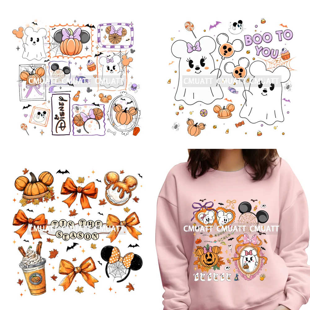 

Not So Scary Halloween Party Cartoon Pumpkin Ghost Bow Tis The Season Iron on DTF Transfers Stickers Ready to Press for Clothing