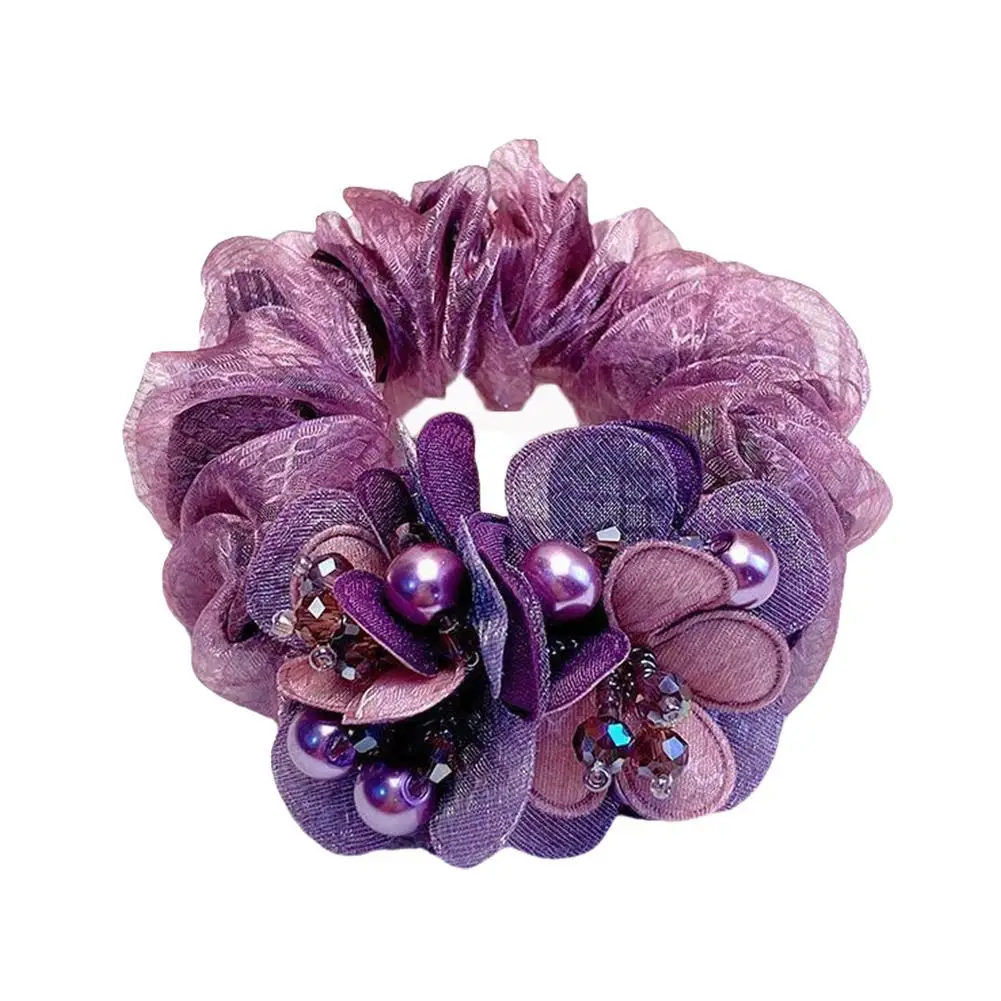 Beautiful Hair Ropes Bling Pearl Flower Scrunchie Transparency Ponytail Elastics Headwear Organza Hair Ties Holder W4T7