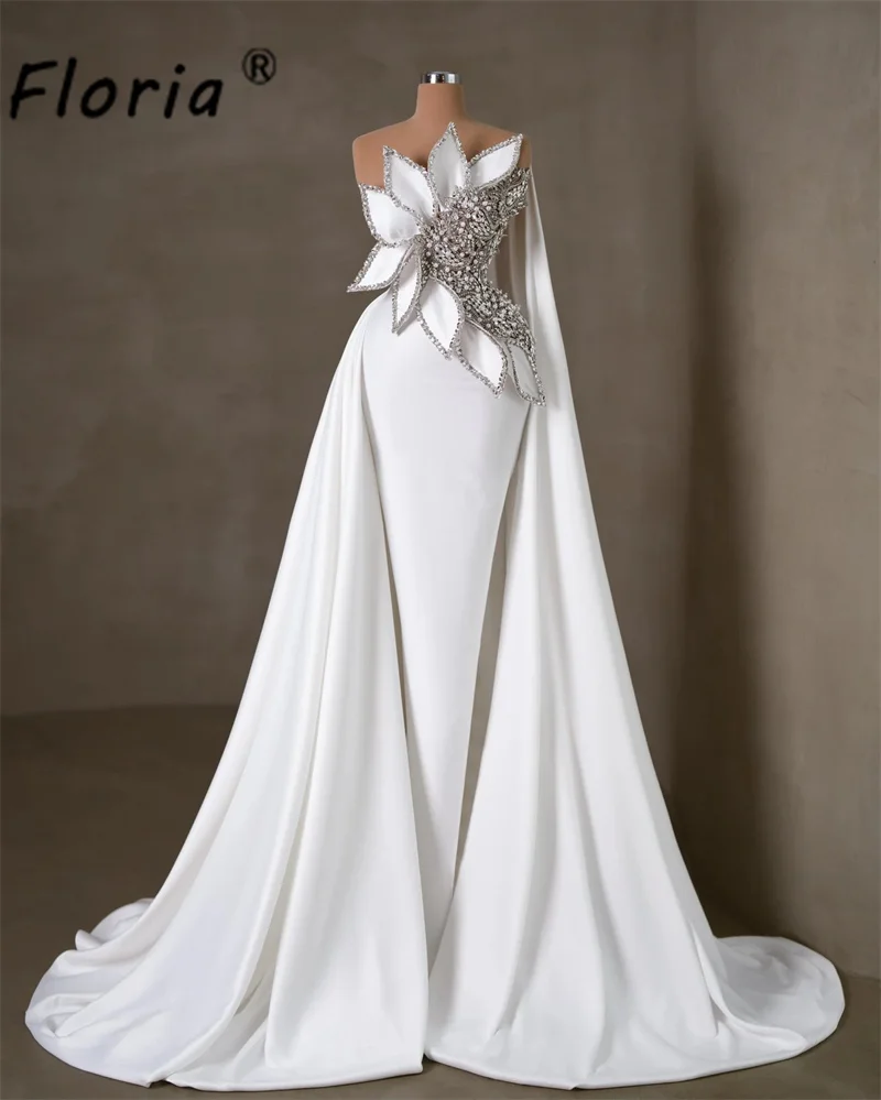 Couture White Mermaid Wedding Dress with Overskirt and Cape 3D Leaves Crystal Bridal Dresses Formal Ceremony Party Gowns Vestido