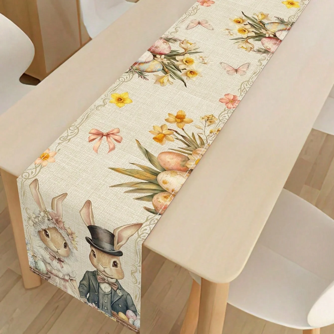 1Pcs Easter Retro Rabbit Table Runner, Floral Egg and Butterfly Table Decoration, Party Photo Props