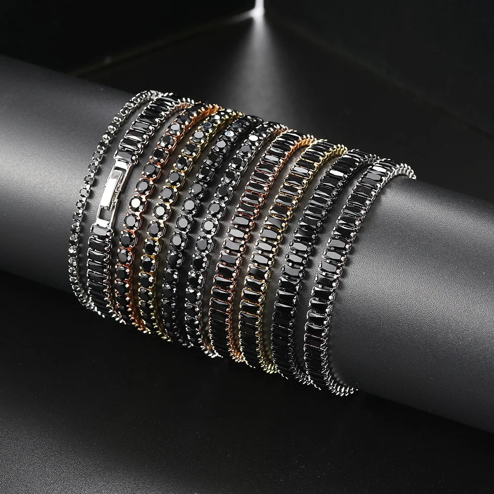 Hippie Black Crystal Tennis Bracelet for Men Steampunk Adjustable Zircon Women\'s Bangle Chain on The Hand Hip Hop Trendy Jewelry