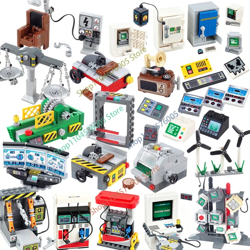 MOC City Tech Building Blocks Computer Fuel Dispenser Monitor Repair Station Safety Box Cabinet Assembly DIY Model Toys Gift T18