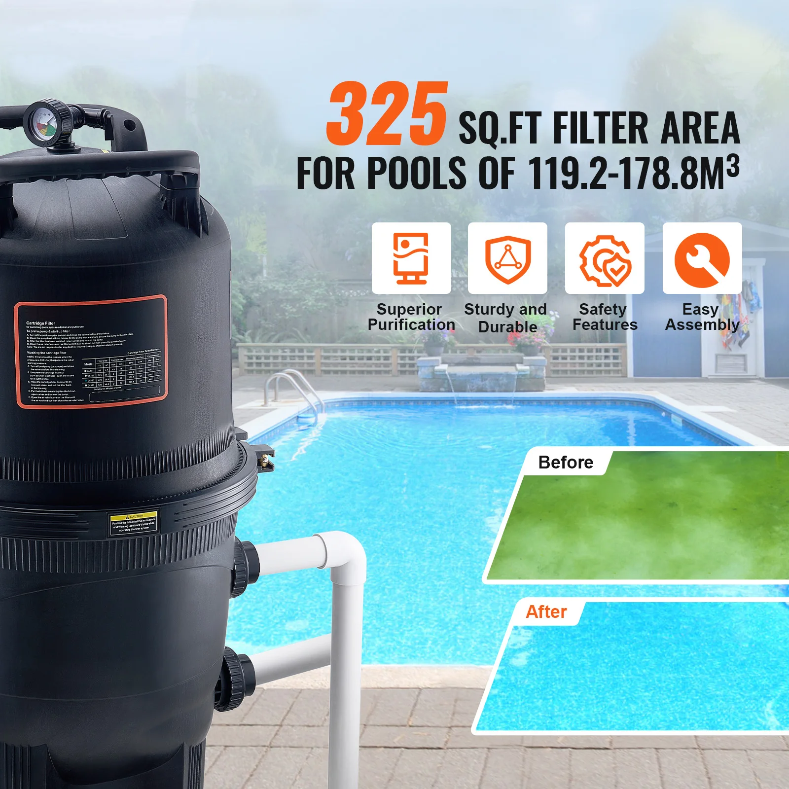 Cartridge Pool Filter, 325Sq. Ft Filter Area Inground Pool Filter, Above Ground Swimming Pool Filtration Filter System with Upgrade Filter &Leak-proof, for Hot Tubs, Spa, Inflatable Pool