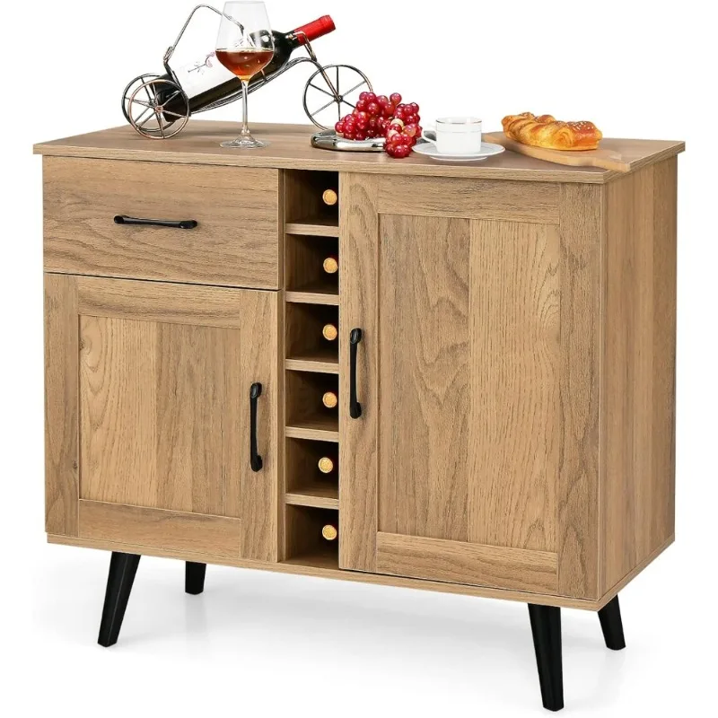 

Wine Bar Cabinet Buffet Sideboard with 2 Doors 1 Drawer 6 Bottle Wine Rack Adjustable Shelves Storage Cupboard for Kitchen