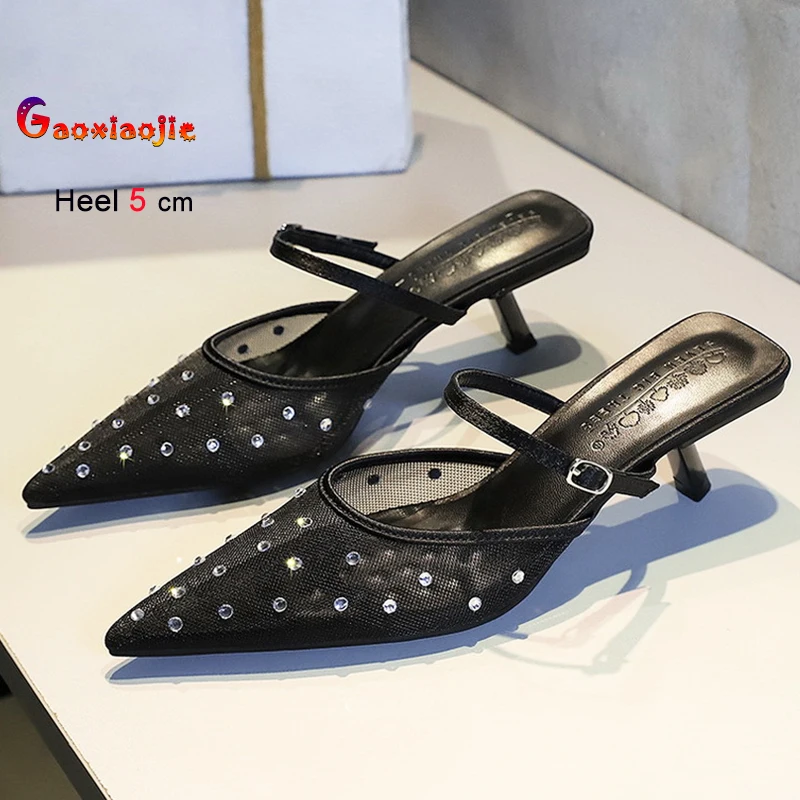 

Black Crystal Middle Heels Women's Shoes Mesh Pointed Slippers Pointed Back Empty Ladies Pumps Buckle Strap Sandals Party Shoes