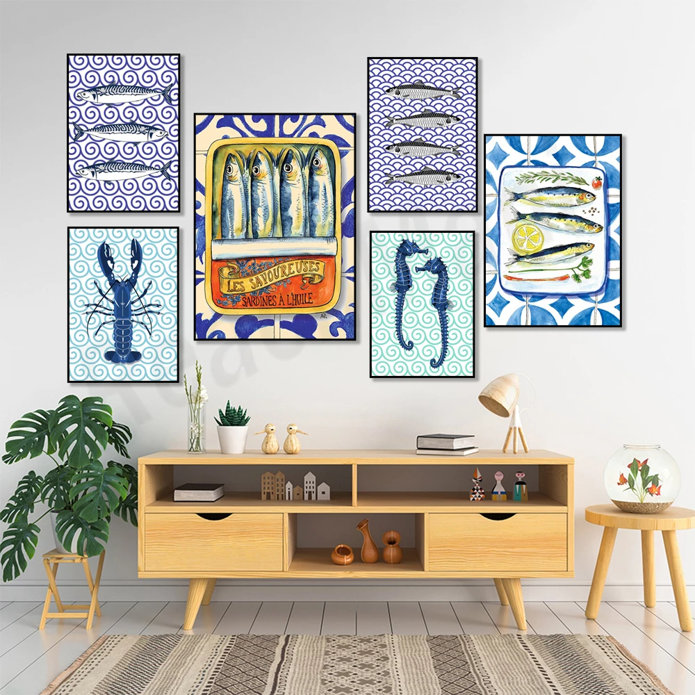 Sardines poster, fish illustration, mackerel, lobster, seahorse art, sardines, blue moroccan tile pattern, kitchen decoration