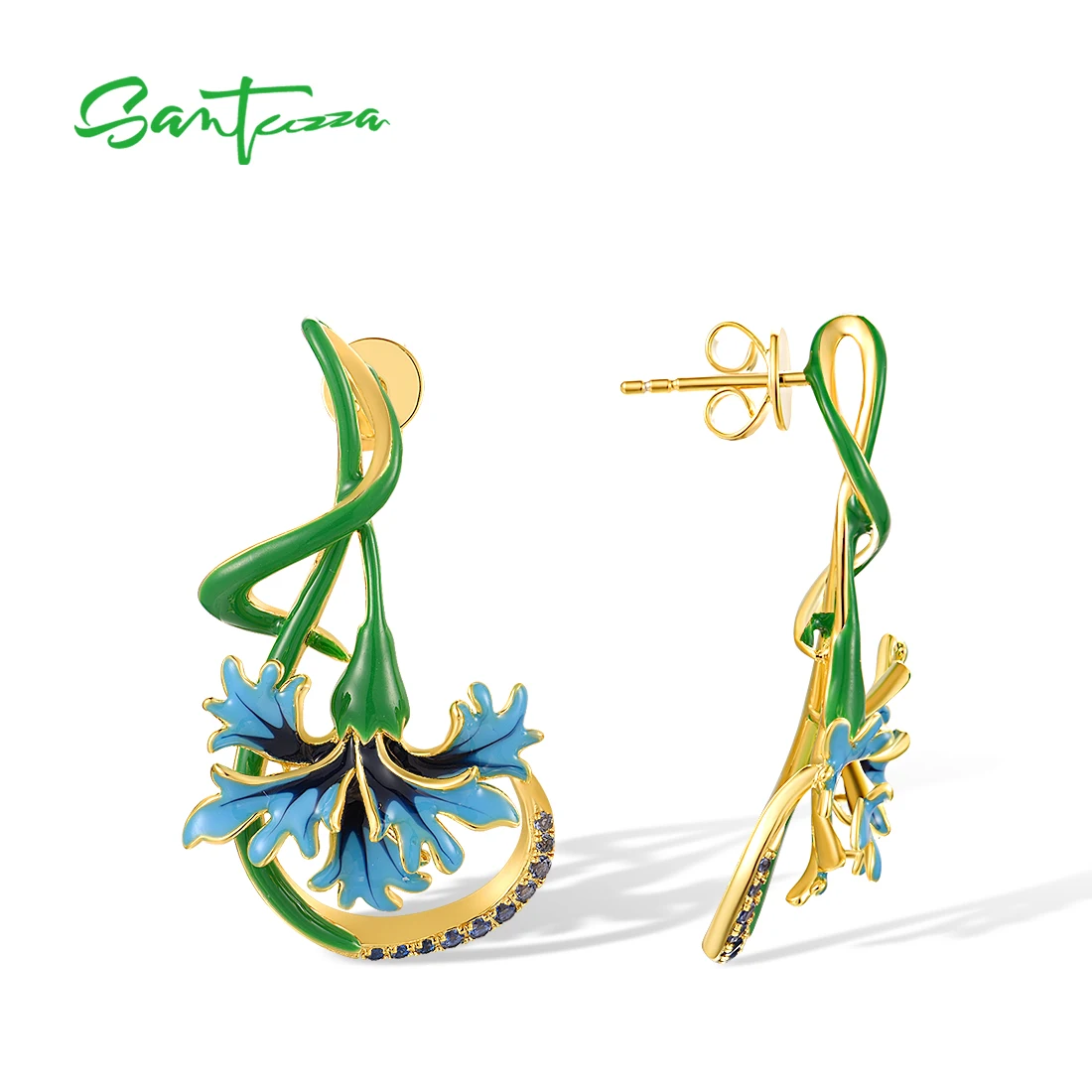 SANTUZZA Authentic 925 Sterling Silver Dangling Earrings For Women Blue Stone Green Flower Enamel Elegant Weding Fine Jewelry