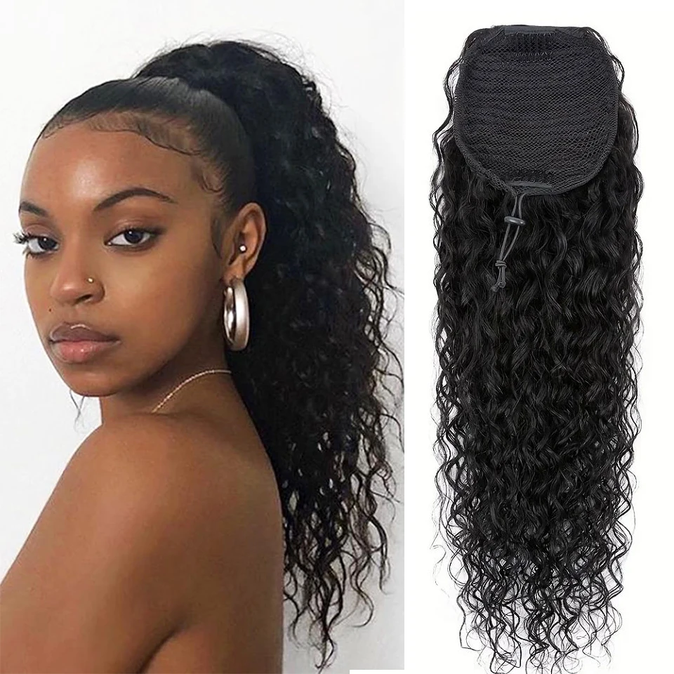 Water Wave Drawstring Ponytail Extension, Human Hair, Curly, Brazilian Virgin, 8-26 Inch