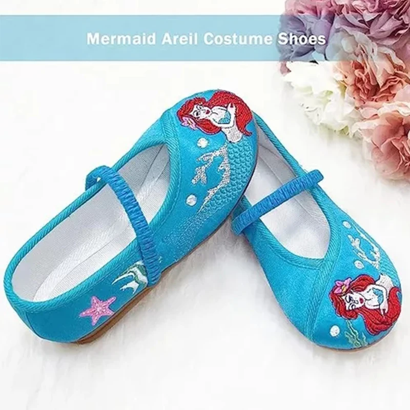 Ariel Vintage Kids Shoes For Girls Anti-slid Sole Design Fashion Embroidery Comfortable Cartoon Mermaid Pattern Baby Flats Shoes