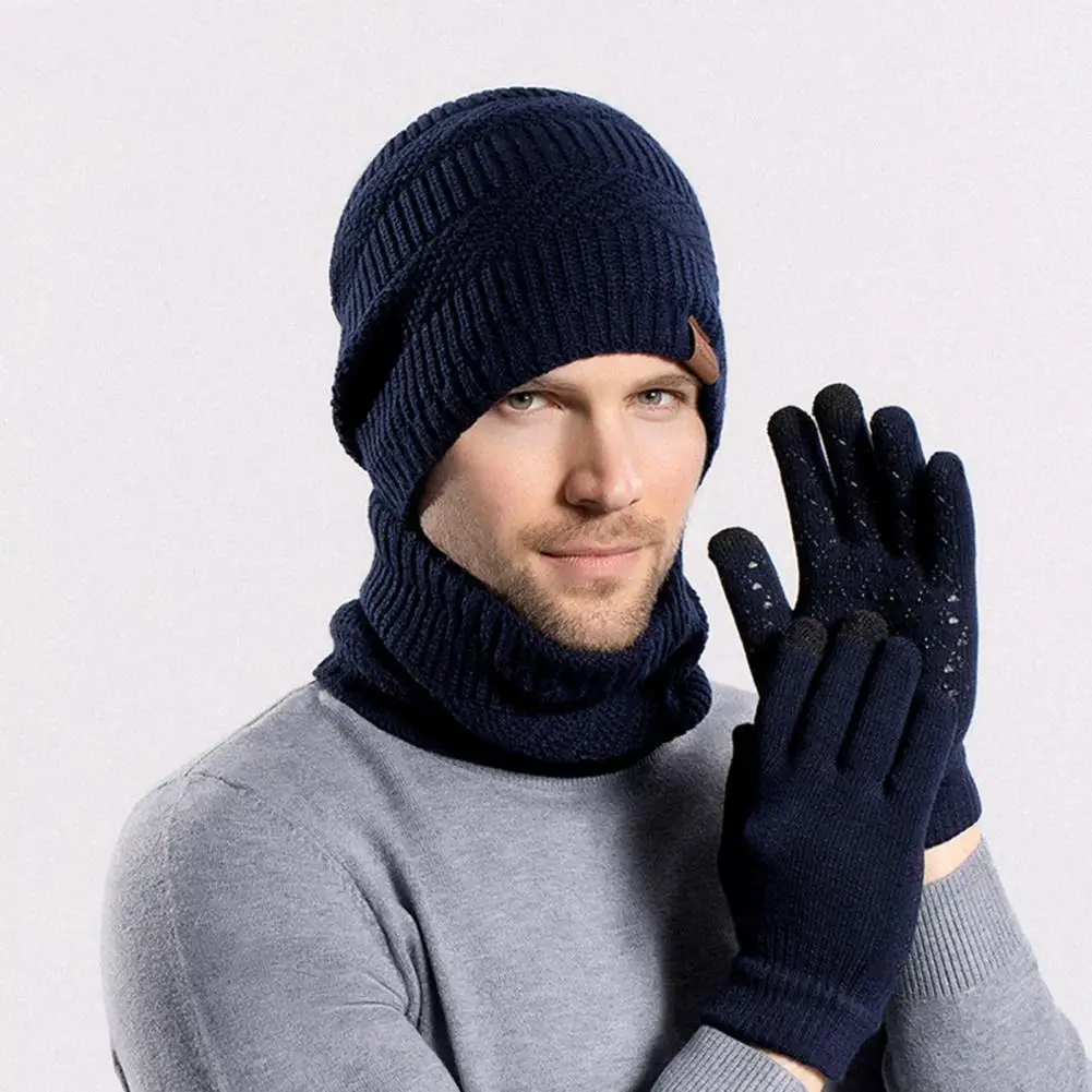 Men Winter Hat Scarf Gloves Wool Knit Hat Set Winter Outdoor Cycling Set Plush Knitted Hat Scarf Gloves with Ear for Neck