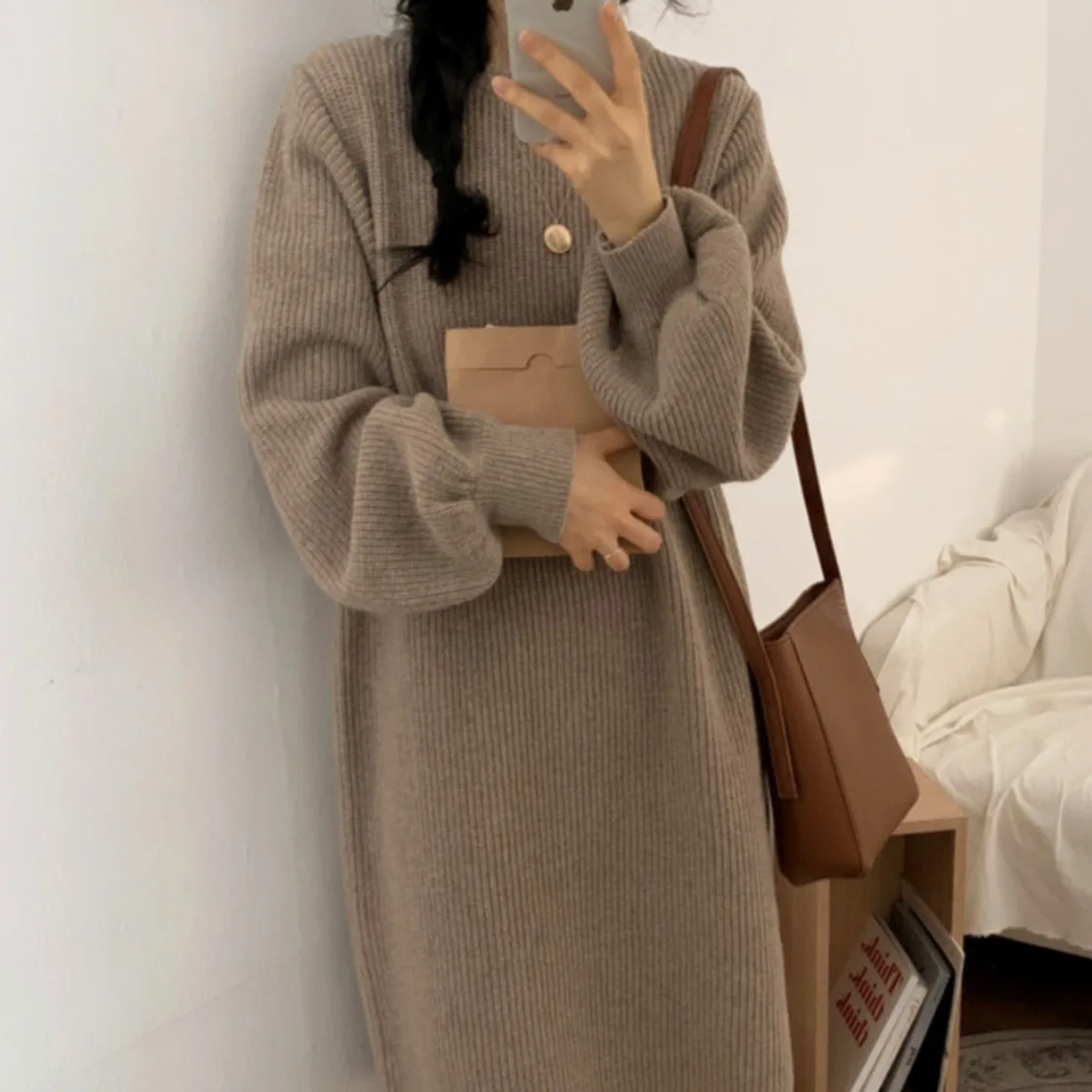 

Chic Autumn Winter Knitted Dr Women's round Ne Long Sve Lantern Sle Midi Dr Korean Sle Commute Faion Polyest...