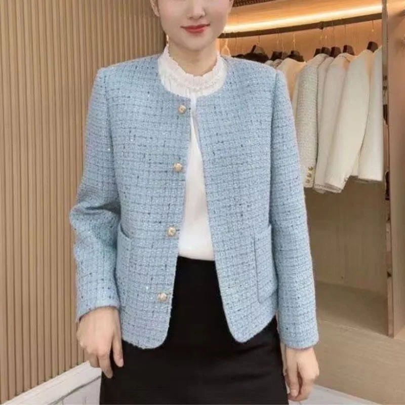 

Fragrant Style Jacket Autumn Age-reducing Small Person Short New Top Fashionable High-end Blue
