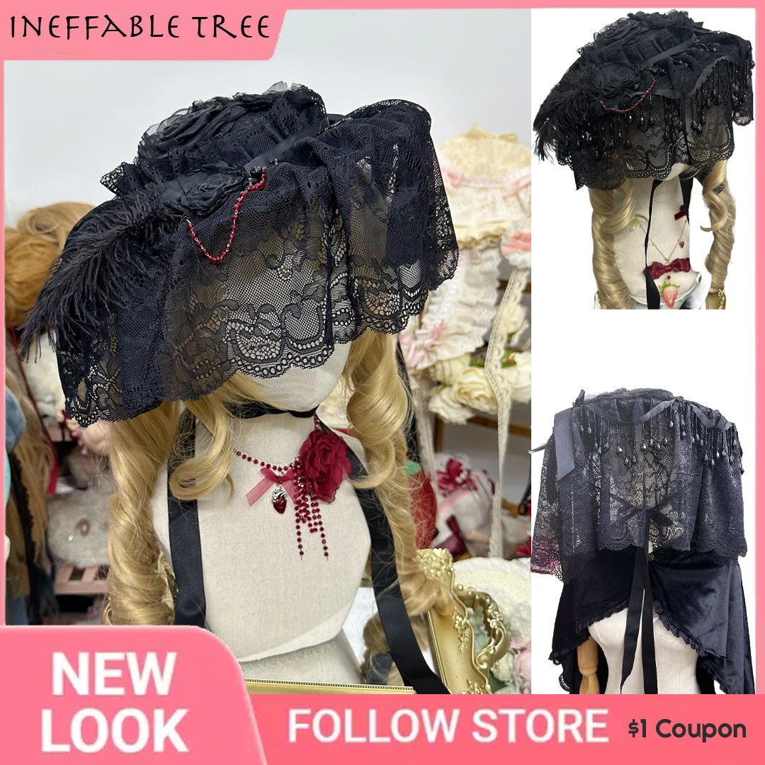 

Y2K Gothic Black Lace Veils Maid Bow Wizard Hat Headdress Ruffled Lace Headpiece Lolita Cosplay Headwear Costume Accessories