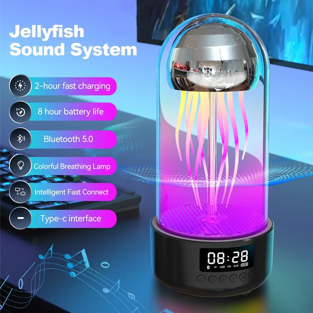 Creative 3in1 Colorful Jellyfish Lamp With Clock Luminous Portable Stereo Breathing Light Smart Decoration Bluetooth Speaker