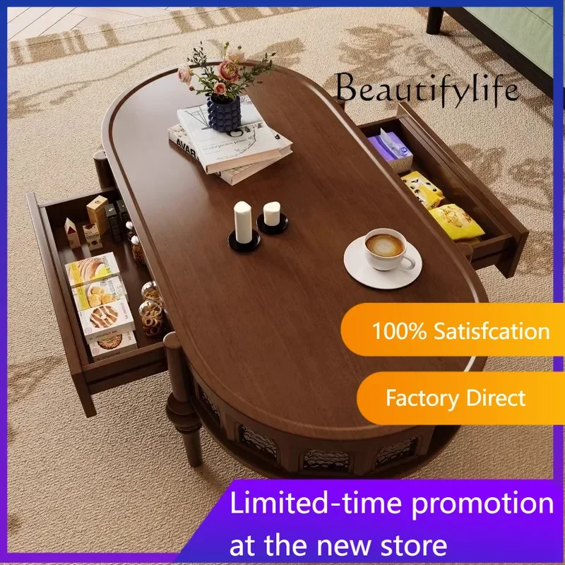 

NEW Medieval solid wood living room household with drawer storage tea table French retro small apartment oval small coffee table