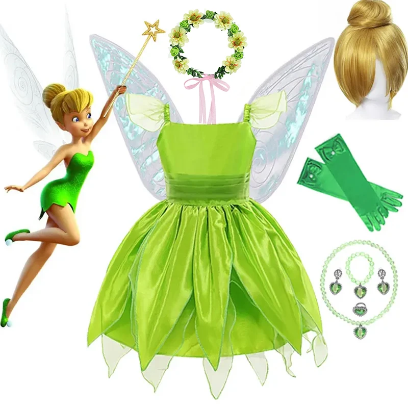 

Disney Kids Fairy Tiana Costume for Girls Tinker Bell Princess Dress Elf Wings Headband Wand Toddler Fancy Birthday Party Gowns